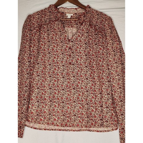 Hinge Navy and rust with orange and yellow floral print long sleeved blouse. Ruf - Picture 1 of 8